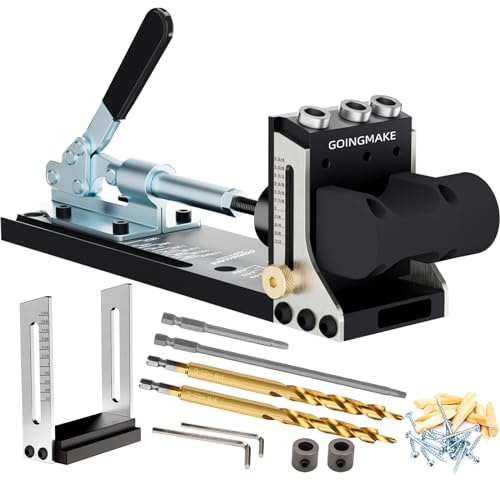 GOINGMAKE All Metal Pocket Hole Jig Kit with Quick Clamp and Dust Collection Easy Use 3 Holes Pocket Hole Screw Jig System 3/8 Inch Accurate Adjustable Drill Guide with Accessories Woodworking Tool