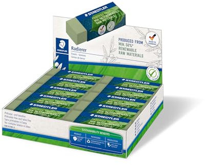 STAEDTLER Radierer, Radiergummi aus bis zu 56% natürlichem- und nachwachsendem Anteil, phthalat- und latexfrei, Schiebemanschette, Größe 65x23x13 mm, 20 olivgrüne Radierer im Kartondisplay, 526 80-5