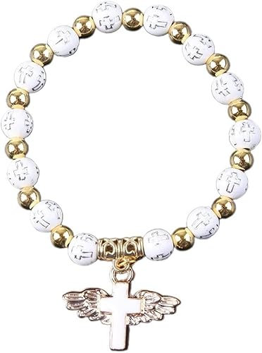 PULABO Schöne religiöse Stretch-Armbänder Charm Angel Cross Rosenkranz Armband Katholischer Anhänger für Frauen Schmuck Dekor Geschenke Personalisiertes Rosenkranz Armband Engel Kreuz Anhänger Religi