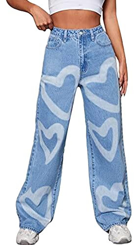 Womens High Waist Denim Pants Loose Fit Straight Leg Work Jeans Classic Heart Printed Lounge Jeans Heavy Duty Durable Denim Pants Workwear Bottoms Cute Aesthetic Summer Outfits Streetwear