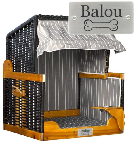 Hunde-Strandkorb mit Gravur zB Schild Knochen (Name), personalisiertes Edelstahlschild, Hundekorb/Hundebett schwarz-grau