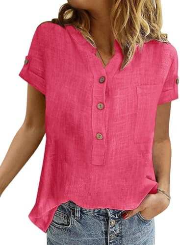Onsoyours Donna Camicetta in Lino Cotone Estive Camicie Maniche Corte con Bottoni Tunica Solidi Blouse Elegante Blusa Top Primavera Comoda e Traspirante Tees A Fucsia M