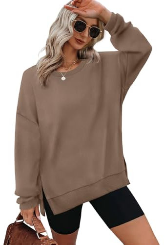 XIEERDUO Sweatshirt Damen ohne Kapuze Rundhals T Shirt Damen Oversized Langarmshirt Damen Top Herbst Winter Oberteile Damen Elegant Braun L