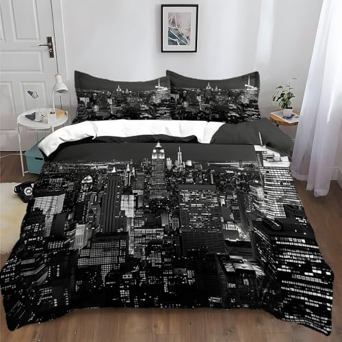 XCQHZYQ Bettwäsche 135x200 cm New York City Nachtansicht Grau 3D Drucken Bettbezug Set Polyester Baumwolle Kinderbettwäsche Set für Kinder Teens, Bettwäsche mit 2 Kissenbezüge 80x80 cm