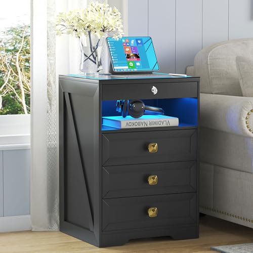 Gurexl Led Nachtschrank mit Ladefunktion,Smart Nachttisch mit RGB 3 Licht Dimmbar, 4 Schubladen Intelligent Sideboard, USB Type-C Schloss Schlafzimmer Schwarz