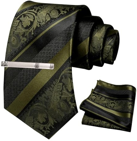 JEMYGINS Herren Krawatten Set mit gemischtem Rosen und Streifenmuster inklusive Krawattenklammer und Taschentuch