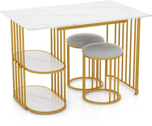 TANGZON 3 Pieces Dining Table Set, Wooden Kitchen Table and 2 Upholstered Stools with 2-Tier Open Shelves & Faux Marble Tabletop, Metal Frame Space Saving Home Pub Breakfast Bar Table Sets Furniture