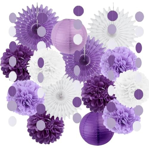 Purple White Party Decorations Purple White Lavender Paper Fans Paper Pom Pom Flowers Lanterns for Birthday Baby Bridal Shower Wedding Bachelorette Graduation Party Decor