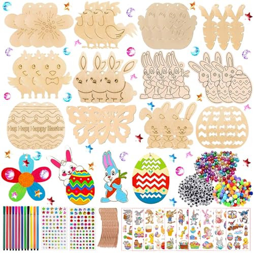 JSHENG 396 Stück Holzanhänger Ostern Zum Bemalen, Basteln Ostern Kinder, Ostern Basteln Kinder, Ostern Bastelset mit Holzanhänger Aquarellstift Strass Auge Glocke Seil Aufkleber Pompoms (Bunt H)