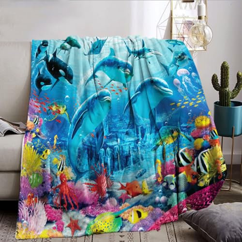 NPCEED Delfino - Coperta in flanella con animali marini, 150 x 200 cm, per bambini, ragazzi, ragazze, oceano, vita marina, coperta in pile (150 x 200 cm, A)