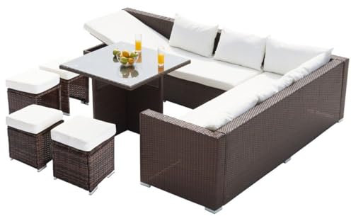 CONCEPT USINE | Salon de Jardin Samoa Encastrable 10 Places | Résine Tressée 4 Fils Marron | Table Haute en Verre Trempé | Canapé d'angle Inclinable avec Coffre de Rangement | 4 Poufs et Coussins