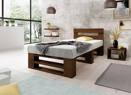 Lermowood Palettenbett M2 aus Holz 120 x 200 cm Palisander mit Kopfteil Holzbett 30cm Stabiles Seniorenbett Kinderbett Jugendbett Gästebett erhöhtes Einzelbett Bettgestell Futon Komforthöhe Naturholz