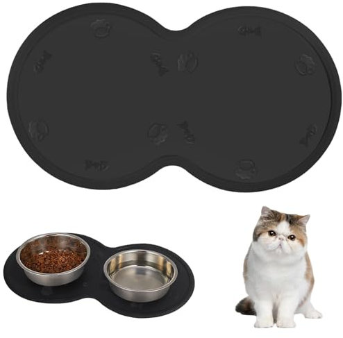 Geebymol Silicone Pet Feeding Mat, Waterproof Dog Cat Food Mat with Raised Edges, Pet Water Bowl Placemats, Dog Cat Feeding Mats for Food and Water Prevent Spill, 48x27cm (Black)