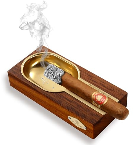 Zigarren Aschenbecher aus Edelstahl & Holz, Indoor und Outdoor Aschenbecher für Zigarren Rest, Zigarrenaschenbecher Zigaretten Große Zigarrenhalter, Perfekt Geschenke für Cigar Lovers (Gold Braun)