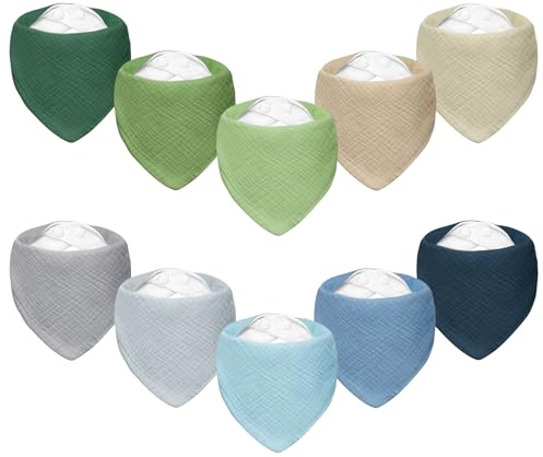Miyacare 10 Stück Lätzchen Baby Dreieckstuch, Super Saugfähige,100% Baumwoll, Halstuch Baby, mit 4 Verstellbares Druckknopf, für Baby Jungen und Mädchen (Wellen & Wald)