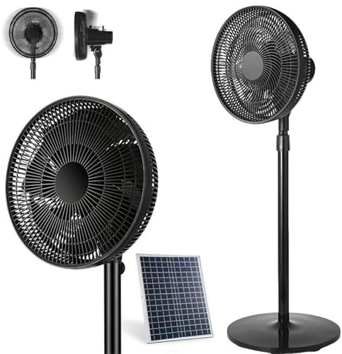 Ventilador solar de pie con control remoto, alimentado por energía solar, recargable, inalámbrico, con luz LED y puerto USB, ventilador vertical de 16 pulgadas, 9 velocidades, camping, hogar, almacén
