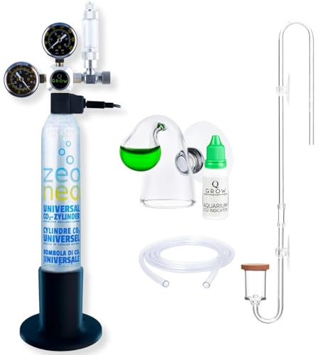 Q-Grow CO2 Anlage Aquarium Komplettset – einfach und universell - Inkl. transparentem Diffusor, Dauertest, Druckminderer, 425g CO2 Flasche, bis 1000L