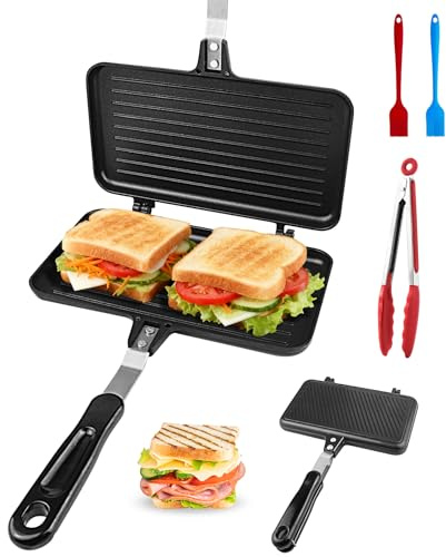 Doppelseitige Bratpfanne,mit Küchenzange aus Edelstahl,Silikonpinsel,4 Stk | Sandwich Maker Toastpfanne mit Hitzebeständigem Griff für Haus, Küche, Frühstück