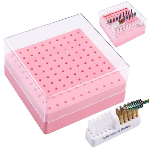Nail Drill Bits Holder and Cleaner 100 Holes Nail Drill Bit Organizer Pink Dustproof Storage Box with Nail Bits Cleanser Brushes Nails Drill Stand Displayer Tech Storages Case Manicure Tools