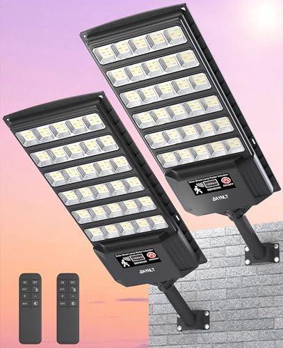 JAYNLT Lampadaire Solaire Exterieur, 6500K Lampe solaire Extérieure avec Télécommande, IP66 Étanche Projecteur avec Detecteur de Mouvement, Lumière Solaire pour Rue, Garage, Parking-2 Pack