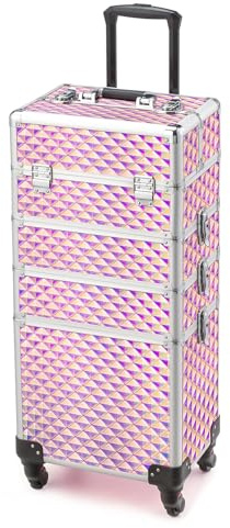Bonnlo 4 in 1 Rolling Makeup Train Case, Aluminum Makeup Travel Organizer Cosmetic Case, Cosmetology Display Suitcase on Wheels, Beauty Storage Luggage Lockable w/4 Removable Wheels - Pink