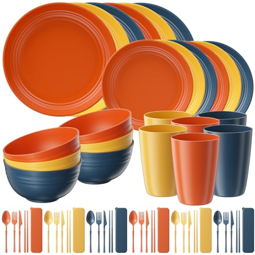 Quatish 54 Teiliges Kunststoff Geschirrset, Unzerbrechliches Camping Geschirr Set für 6 Personen, Wiederverwendbare Tafel-Set für Kinder und Erwachsene, Geschirrspüler Mikrowelle Sicher, Mehrfarbig