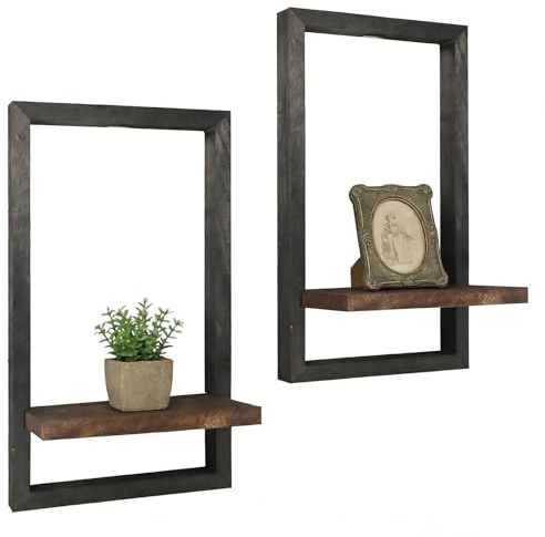 Vineland Set of 2 Floating Shelves for Wall, Wooden Wall Hanging Decor, Farmhouse Plant Holder for Bathroom, Living Room, Brown & Black