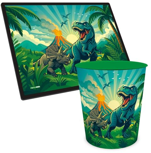 itenga Papierkorb ca. 11Liter und Schreibunterlage mit Motiv im Set - Papierkorb für Kinder und Erwachsene Büro Kinderzimmer (Motiv Dinosaurier - DINO WORLD)