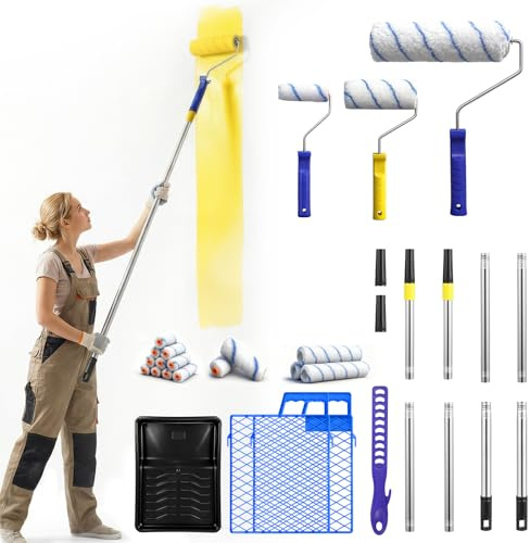 Dibaful Farbroller Wandfarbe Set mit Teleskopstange Malerrolle Farbwalze Roller | Farbrollen Farbwanne Malerzubehör Streichen Zubehör für Hausanstrich Farbrollerhüllen