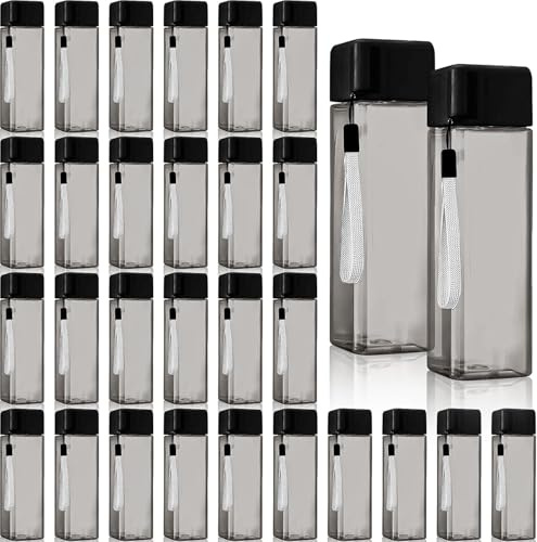 RWFMO 30 Stück Trinkflaschen Kunststoff 500ml, Schwarze Wasserflaschen Auslaufsicher, Wiederverwendbare Sportflaschen mit Trageschlaufe für Schule, Fitness und Events, Quadratisch, 5,5x19,5cm