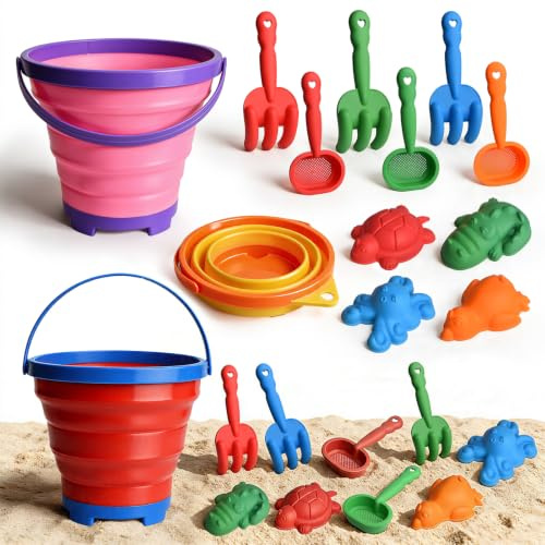 Sotodik Sandspielzeug Strandspielzeug Kinder, Sandkasten Spielzeug Kinder mit 3 Packungen Faltbarer Eimer, Sandförmchen, Tasche,Outdoor Gartenspielzeug Geburtstagsgeschenk für Mädchen Jung