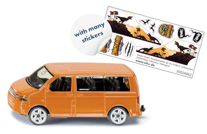 siku 1070, VW T5 Multivan mit Dino-Stickern, Metall/Kunststoff, Orange, Öffenbare Heckklappe, Anhängerkupplung