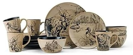 Mossy Oak Animal Print 16 Piece Dinnerware Set, Service for 4, Black and Beige