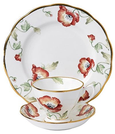 Royal Albert 112 100 Years 40017570 1970 Poppy Teacup, Saucer, 20cm Plate, 3 Pc Set, Bone China