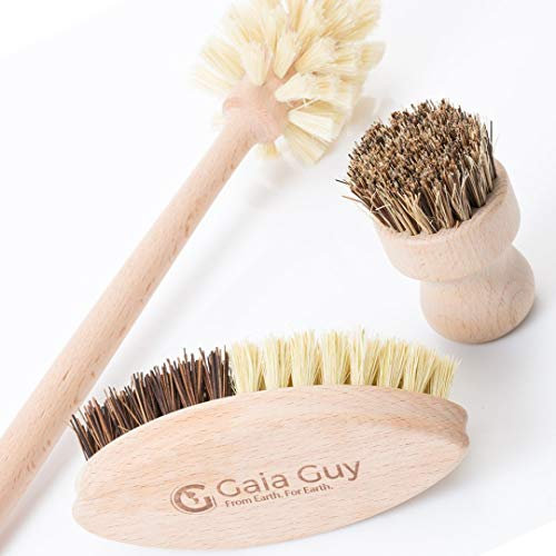 Eco Dish Brush Set, 3 Washing Up Brushes Multifunctional Plastic-Free and Root Veggie Brush Eco Friendly Wooden Kitchen Cleaning Brushes for Dishes, Pots, Pans