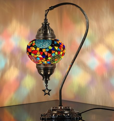 DEMMEX Türkische marokkanische Mosaik-Tischlampe, Schwanenhals, handgefertigt, Schreibtisch, Nachttisch, Nachttisch, Deko, bunte Boho-Tischlampe