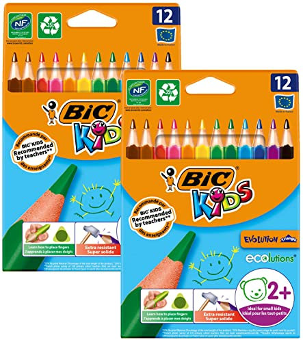 BIC Kids Buntstifte ECOlutions Evolution, Ergonomische Dreikant-Malstifte zum Malen in 12 Farben, im Karton Etui, ab 2 Jahre, 2x12 Stück