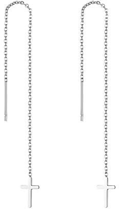 JewelryWe Schmuck Durchzieher Ohrringe Edelstahl Kreuz Lange Kette Einfädler Ohr Linie Ohrhänger für Frauen Mädchen Silber