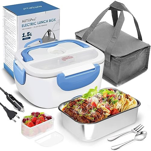 AUTOPkio Fiambrera eléctrica Comida térmico 12V 24V 220V 40W, 1.5L Lunch Box Fiambreras bento Uso en Coche eléctrica con Bandeja extraíble Acero Inoxidable Recipiente de Comida térmico