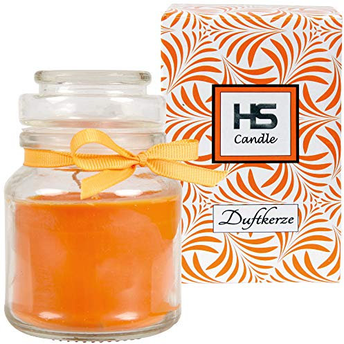 HS Candle Duftkerze Honigmelone im Glas, Kerze 10cm x Ø7cm in Geschenkbox, 120gr. Wachs - Brenndauer ca. 30 Stunden, Duft Kerze BonBon Glas mit Deckel
