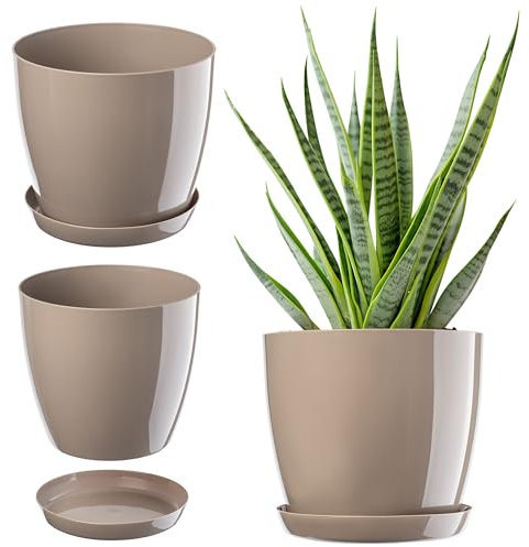 Kadax Flowerpot, fioriera con sottobicchieri, secchio di fiori rotondi per all'interno, elegante pentola di piante fatta di plastica, fioriera per fiori, piante, casa, (Ř 14 cm, beige)