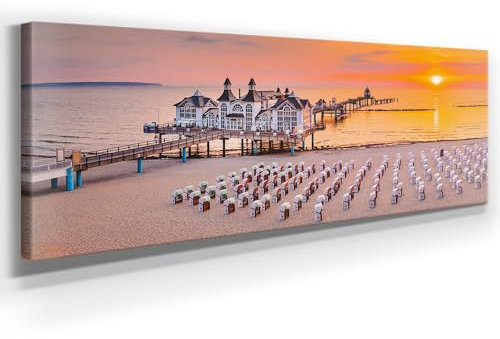 Atemberaubendes Ostsee Bild als Panorama Leinwand 150x50cm, Motiv Sellin Seebrücke. Ein einzigartiges XXL Wandbild als Deko für Wohnzimmer, Schlafzimmer, Küche. Aufgespannt auf Holzrahmen