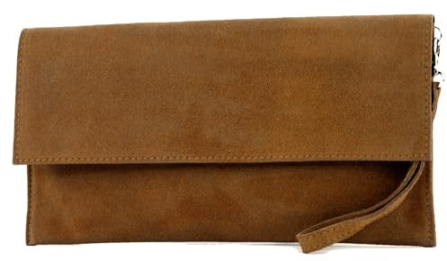 modamoda de T151 Damen Wildleder Rauleder Clutch Umhängetasche Abendtasche handmade in Italy, Farbe:Cognac