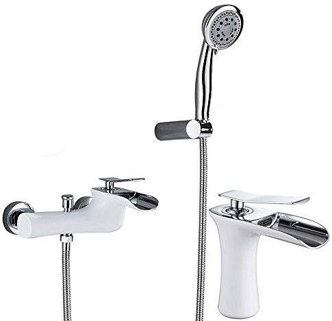 Robinet de douche Chrome Blanc Mur Monté Cascade Bec Mitigeur De Baignoire Tête De Poche Cascade Salle De Bains Chaude Robinet D'eau Froide-Robinet pour lavabo et douche