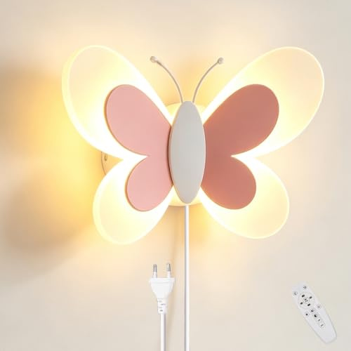 Wandlampe Kinderzimmer mit Stecker Innen Dimmbar Wandleuchte LED mit Fernsteuerung Nachttischlampe mit Kabel Mädchen Kinder Nachtlicht Schmetterling Lampe Wand Schlafzimmer mit Stecker Wandbeleuchtung