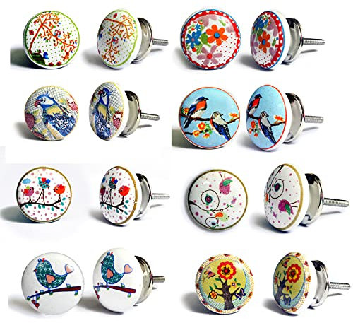 Nacnic Set von 8 Keramikknöpfen mit verschiedenen Vogelmotiven, handbemalt. Handgefertigte Griffe für Schränke, Schubladen, Kommoden und Kleiderbügel. Klassische Knöpfe mit 40 mm Durchmesser.