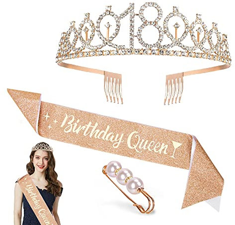 18. Geburtstag Krone Schärpe, Geburtstag Tiara Gold Geburtstag Schärpe Haarnadel, Junggesellinnenabschied Set für 18 Geburtstag Deko Geschenk Mädchen Party Accessoires