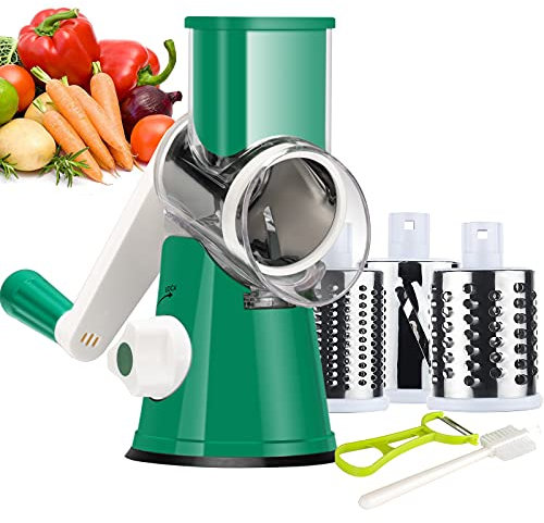 Ourokhome Rotary Cheese Grater Shredder, Round Mandolin Slicer Vegetable Cutter with 3 Stainless Steel Drum Blades, Food Grinder for Veggie, Potato, Carrot, Nuts, Garlic, Radish, etc. Emerald