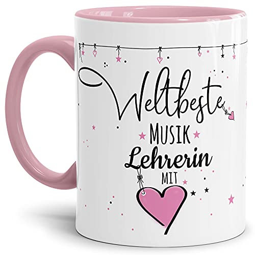 Tasse mit Spruch - Weltbeste Lehrerin mit Herz - Geschenk für die Musik-Lehrerin - Hochwertige Keramiktasse, Innen & Henkel Rosa, 300 ml