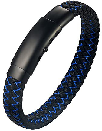 JewelryWe Schmuck Personalisierte Herren Lederarmband mit Gravur, Geflochten Leder Armband Armreif mit Magnet Verschluss Blau Schwarz